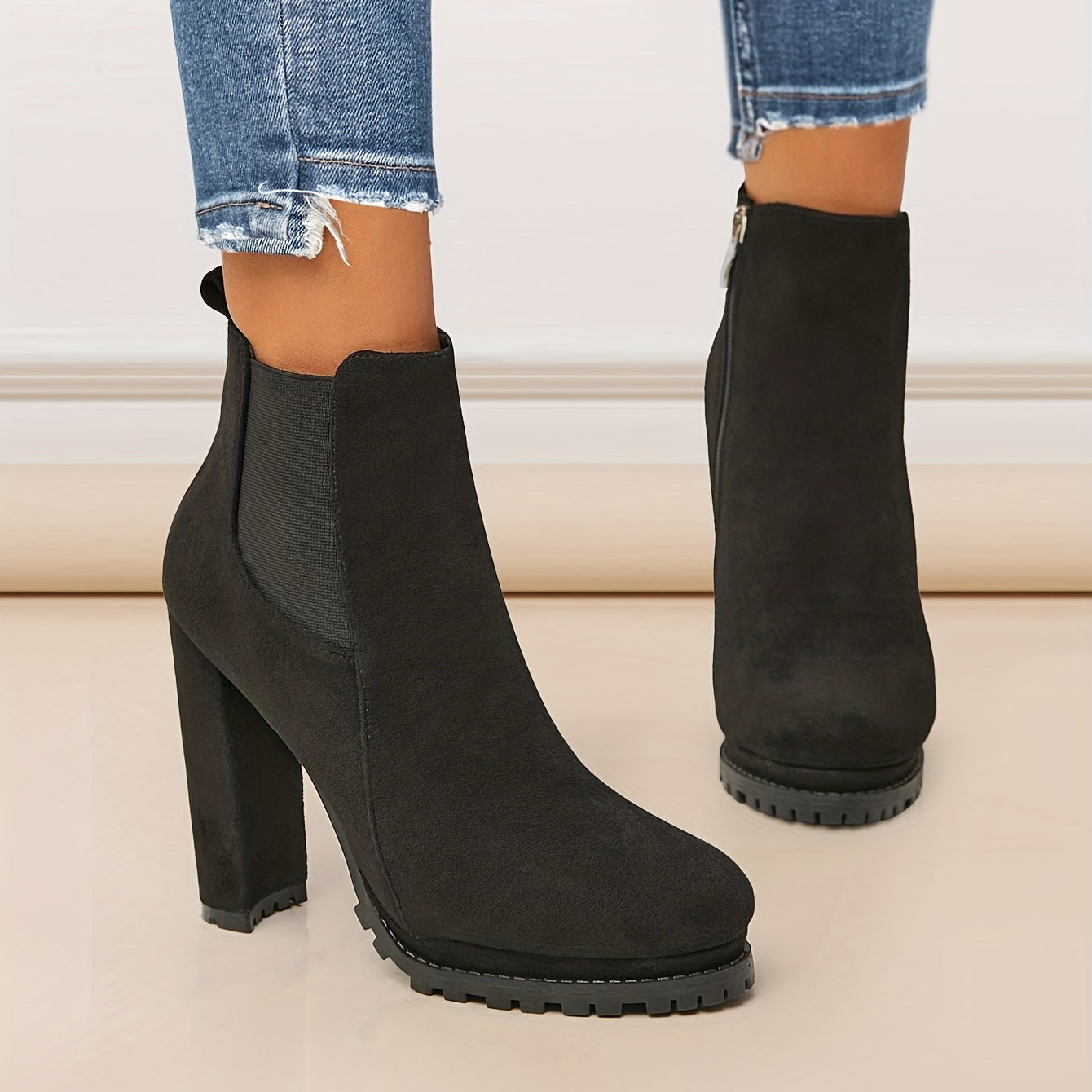 Stylish Pointed Toe Ankle Boots - Chunky Heeled, Platform, Side Zipper, Tound Toe, Comfortable Women's Footwear for Everyday Wear