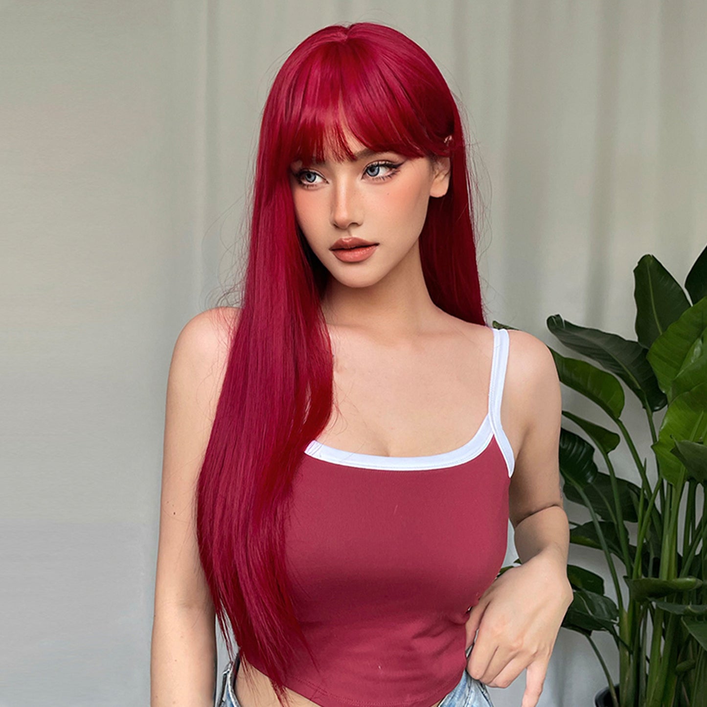 26 Inch Elegant Red Wig with Bangs for Women, Straight Heat Resistant Synthetic Hair, High Temperature Fiber, Rose Net Cap, Fashionable Long Wig