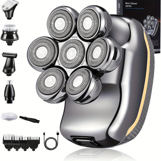Men'S Electric Head Shaver Razor - Rechargeable Cordless Hair Shaving Razors for Bald Man 6 in 1 Wet Dry Beard Trimmer Body Hair Cutting Clipper Grooming Kit 7 Rotary Heads (Gray) - Power Supply: USB Charging (built-in Batter