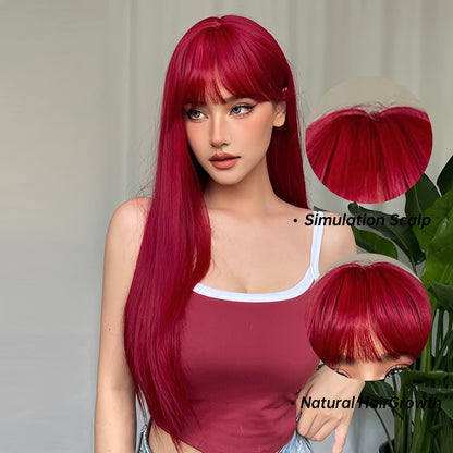 26 Inch Elegant Red Wig with Bangs for Women, Straight Heat Resistant Synthetic Hair, High Temperature Fiber, Rose Net Cap, Fashionable Long Wig