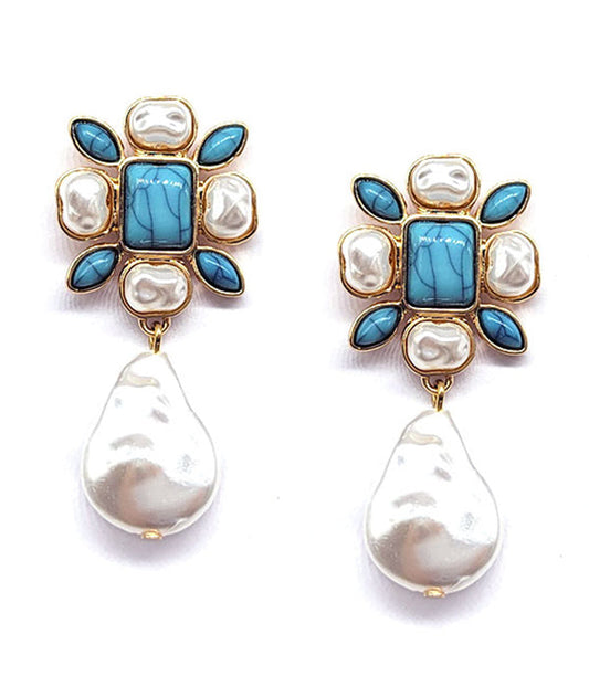 MOP AND TURQUOISE FLOWER DROP EARRING-0