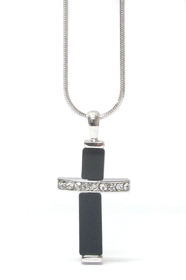 MADE IN KOREA WHITEGOLD PLATING CRYSTAL AND JET GLASS CROSS PENDANT NECKLACE-0