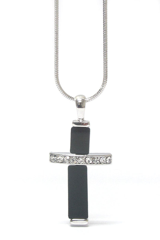 MADE IN KOREA WHITEGOLD PLATING CRYSTAL AND JET GLASS CROSS PENDANT NECKLACE-0