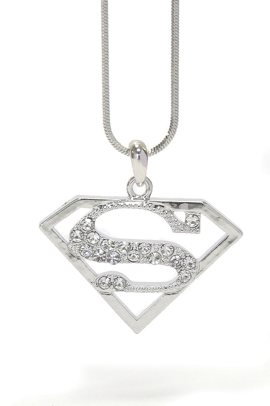MADE IN KOREA WHITEGOLD PLATING CRYSTAL SUPERMAN SYMBOL NECKLACE-0