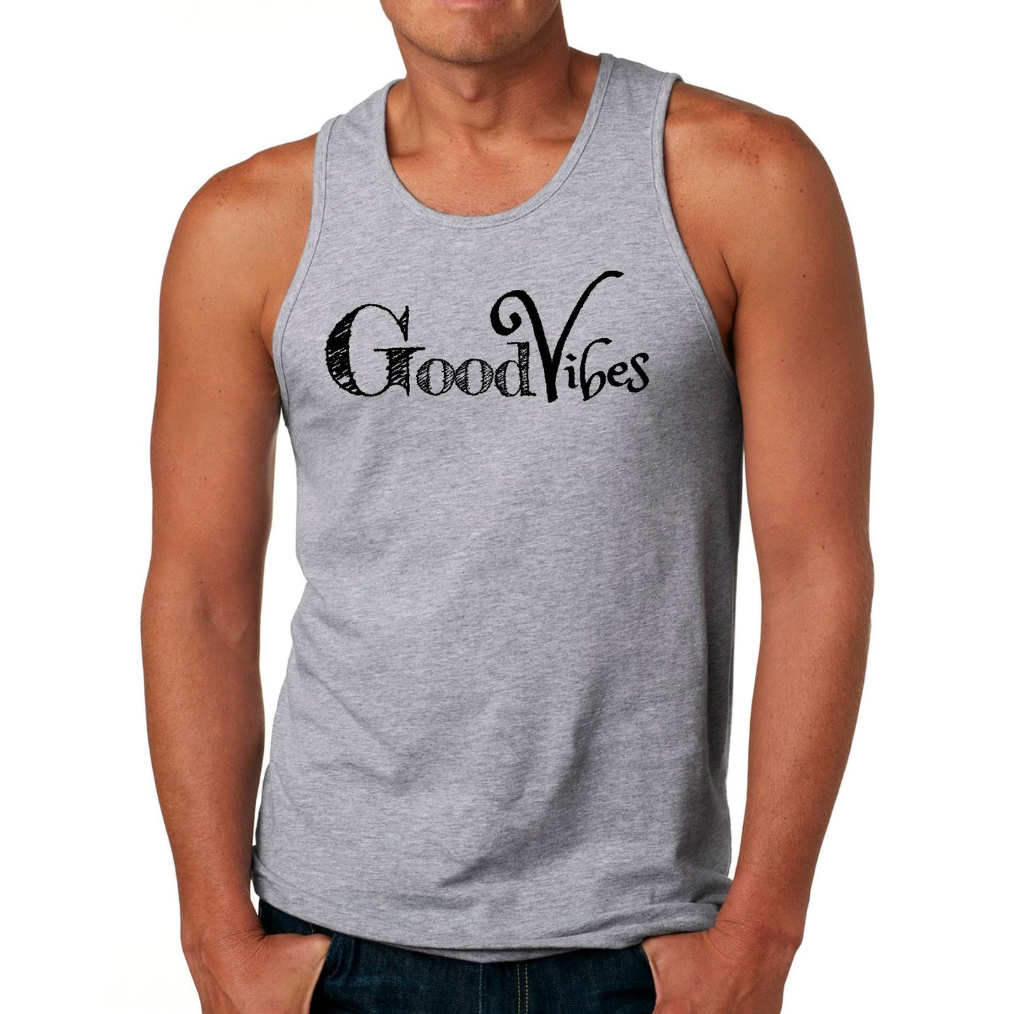 Mens Fitness Tank Top Graphic T-shirt Good Vibes Black Print-3