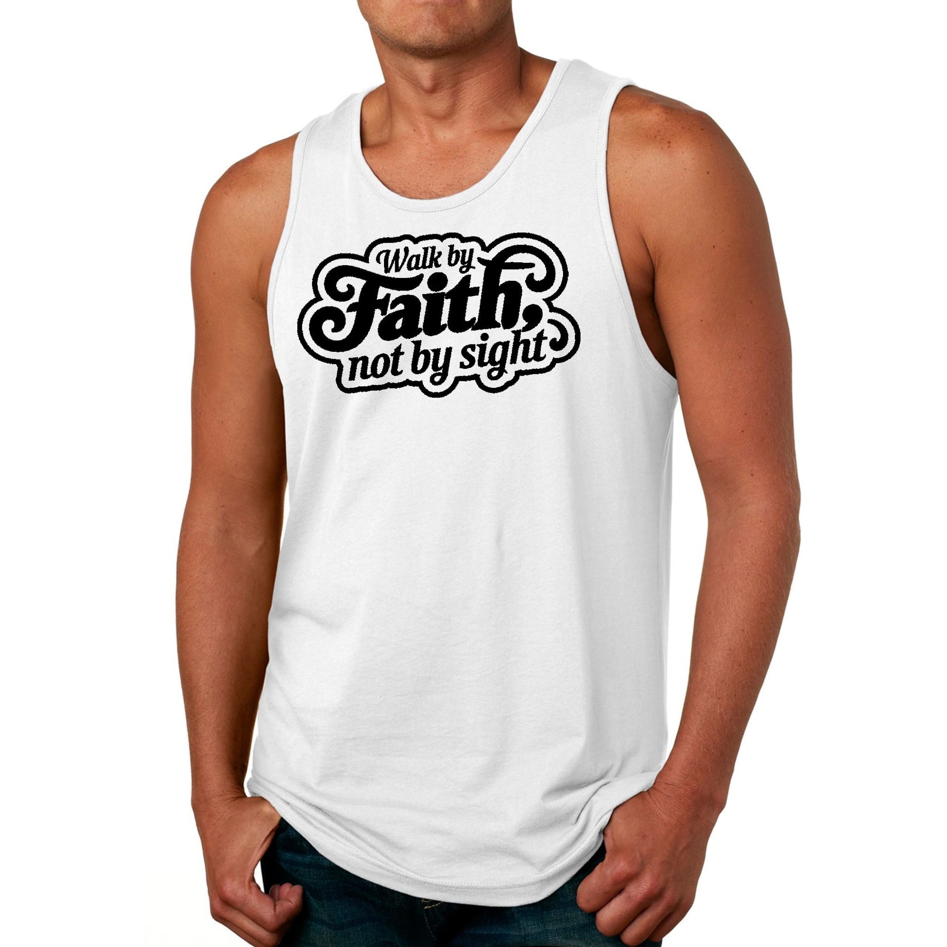 Mens Fitness Tank Top Graphic T-shirt Walk by Faith - not by Sight-0