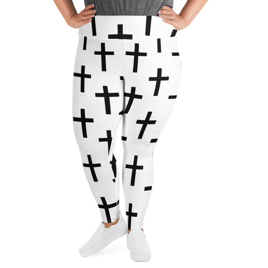 Womens Plus Size Fitness Leggings - White Black Cross Print-0