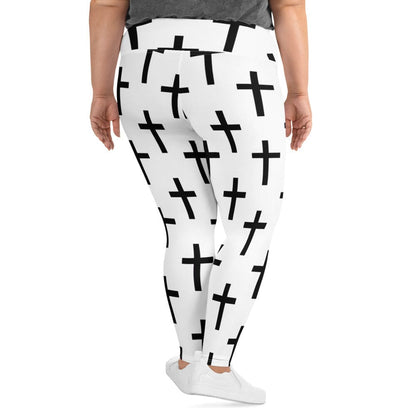 Womens Plus Size Fitness Leggings - White Black Cross Print-1