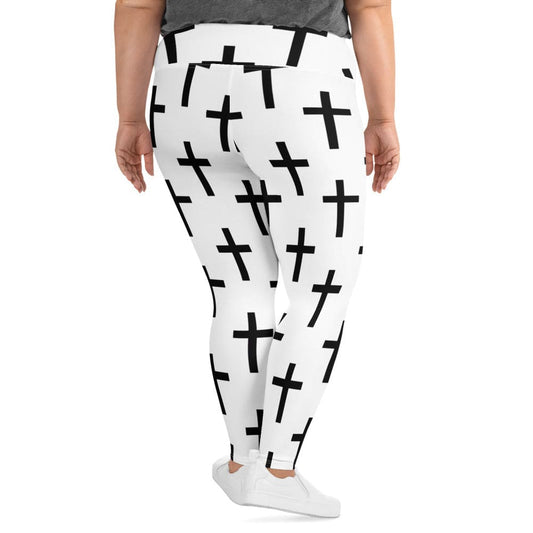 Womens Plus Size Fitness Leggings - White Black Cross Print-1