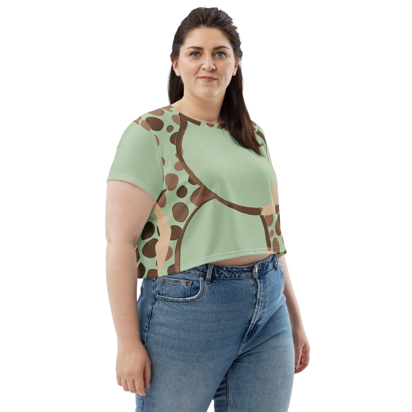 Womens Stretch Fit Crop Tee T-shirt Jersey - Green Beige Spotted Print-3