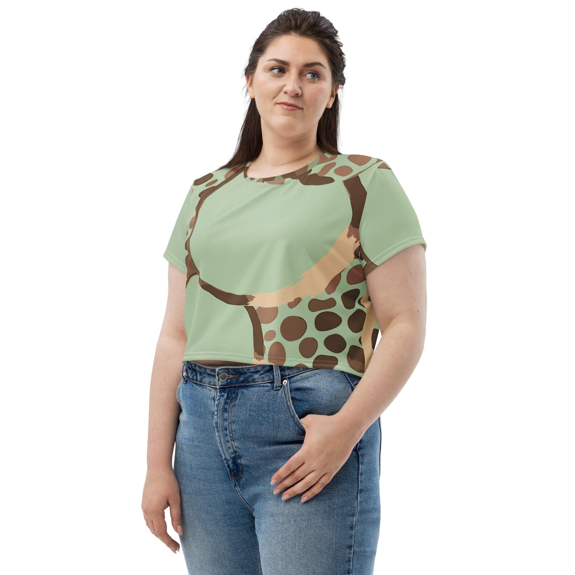 Womens Stretch Fit Crop Tee T-shirt Jersey - Green Beige Spotted Print-2