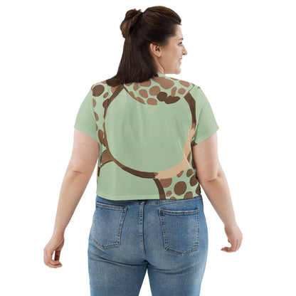 Womens Stretch Fit Crop Tee T-shirt Jersey - Green Beige Spotted Print-1