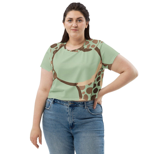 Womens Stretch Fit Crop Tee T-shirt Jersey - Green Beige Spotted Print-0